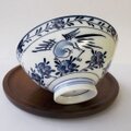 大きなお茶碗★藍色鳥花図柄毛料お茶碗