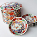華やか間取り牡丹花鳥柄の円形3段重箱＋取り皿５枚セット