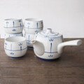 昭和レトロな可愛い紺色三つ葉柄の茶器[急須1+湯呑5]セット