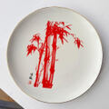 朱竹図柄金フチ大皿/縁起良い朱色の竹林柄昭和レトロな絵皿