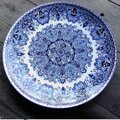 昭和レトロな欧風柄のブルー総草花幾何学柄のステキな大皿37cm