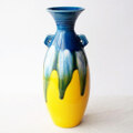 トルコブルー&イエローマーブル耳付き個性的フォルムのレトロ花瓶