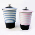 可愛い!ピンク＆水色腰黒ボーダー柄蓋付き長湯呑み2客セット