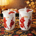 Koyo china/金と赤い梅花枝図柄の素敵な模様の蓋付行儀湯呑み
