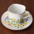黄赤青の可愛いお花畑柄スクエア金縁コーヒーカップ＆ソーサーIvory china