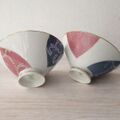 Koyo china製/染め分けレトロ柄ブルー＆ピンクの可愛い夫婦茶碗