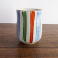 民芸風緑赤青ストライプ十草柄反り長湯呑み/いろは窯