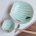 とても可愛いコーラルグリーン色/かぶ人参野菜柄かご型刺身鉢+のぞきセット