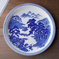 【和の大皿】昭和レトロな藍色山水図柄万古焼大皿32cm