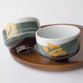 【清風明月】チョコレート色&モスグリーン白刷毛オレンジ文字の角形湯呑み