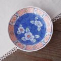 昭和レトロ豆皿小皿★藍色花図柄赤絵風縁取りレトロ小皿11.8cm