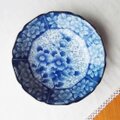 昭和レトロ食器/牡丹花柄五角間取り柄の青いお皿/平中鉢