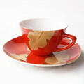 総朱オレンジベージュ芭蕉葉っぱ柄のコーヒーカップ＆ソーサ―Maruka china