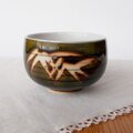 昭和レトロな湯呑み茶器/宇治色刷毛笹の葉柄丸湯呑み