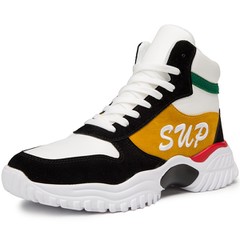 White-Yellow Elevator High Top Sneakers Basketball Style Casual Skate Shoes Increase 3inch / 7.5cm