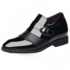 Shiny Elevator Buckle Strap Formal Loafers Patent Leather Cap Toe Wedding Shoes Add 2.8inch / 7cm