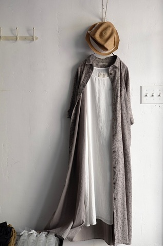 ICHI Antiquites コットンリネンフラワー5分袖ロングシャツドレス