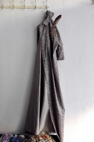 完売＊ICHI Antiquites コットンリネンフラワー5分袖ロングシャツドレス