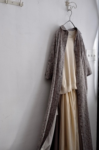 ICHI Antiquites コットンリネンフラワー5分袖ロングシャツドレス