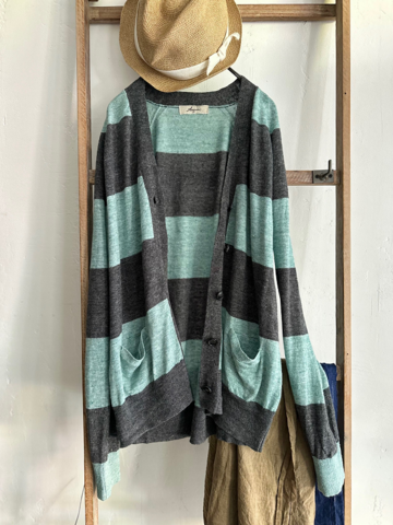 完売＊ICHI Antiquites ボーダーリネンのVネックカーディガン