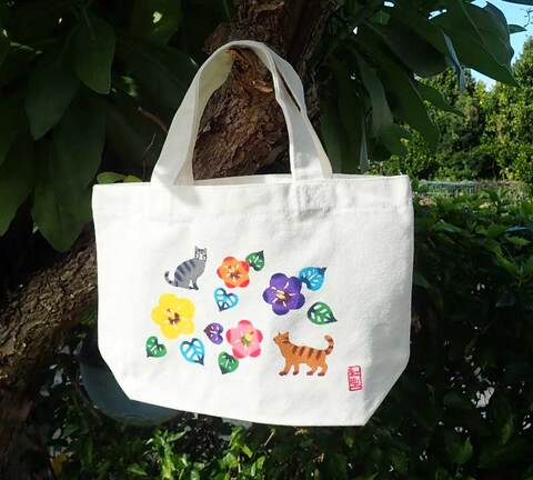 キャンバスミニトートバッグ　（ユウナの花と猫）
