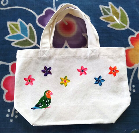 キャンバスミニトートバッグ　（コザクラインコとプルメリア）