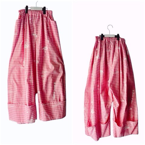 (160/f2)HAND-DRAWN Pt. WIDE MACKIN PANTS【GINGHAM CHECK-PINK】/frankygrow