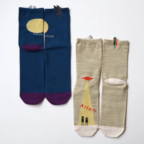 (22.5-24.5cm) エイリアン＆モスマン刺繍 ショートソックス  2P/靴下