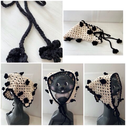 (ホワイト×ブラックお花)お値段以上なときめき三角巾/Mog.xxx