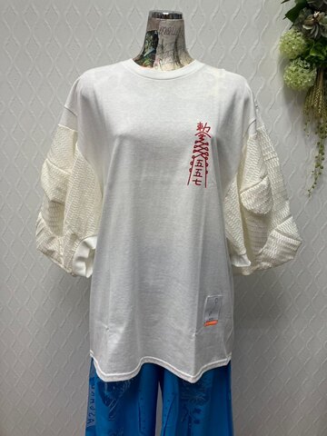 (unisex) くま袖リメイクT×チクなるオリジナル　白×赤プリント/rbtxco
