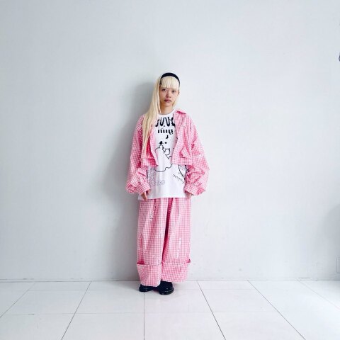 (160/f2) HAND-DRAWN Pt. BEAR FEELS SOLID JACKET and PANTS【GINGHAM CHECK-PINK】/frankygrow