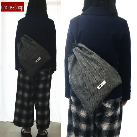 【巾着バッグ】ドロストショルダーバッグ・グレンチェックＢＷ