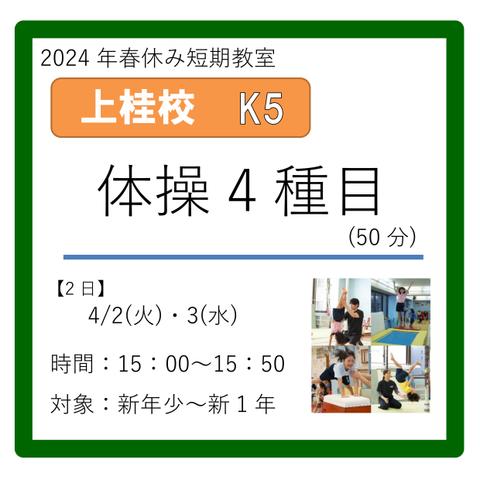 上桂校K5コース　2024年4/2(火)・3(水)　15：00～15：50　体操4種目(50分)　新年少～新1年