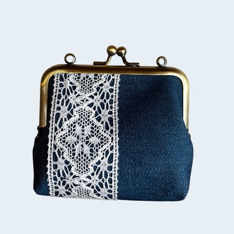スクエアポーチmini　井原デニム　青　レース（ジグザグ）