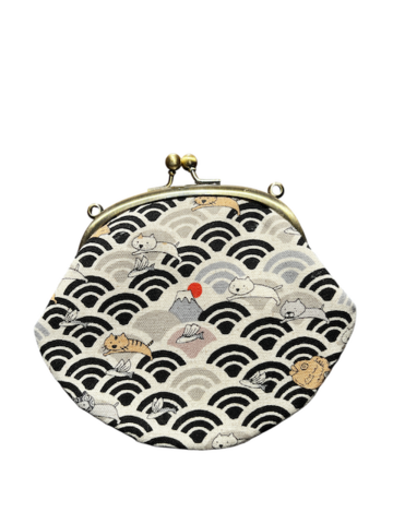 めっちゃがま口財布　　猫と鯛焼き　ブラック