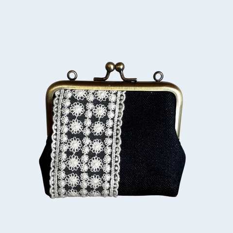 スクエアポーチmini　井原デニム　藍　レース（小花）