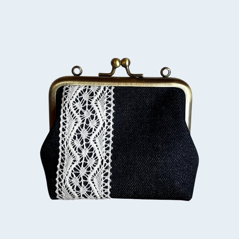 スクエアポーチmini　井原デニム　藍　レース（ジグザグ）