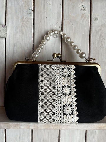 パール手さげ・インド刺繍がま口バッグ