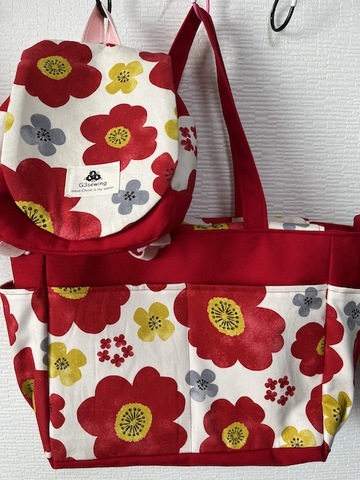マザーズバッグ & ベビーリュック　セット  お花畑（レッド）