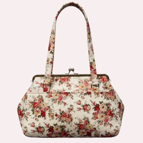 【ハンドメイド】がま口バッグ　白鳥 と薔薇　ヨーロッパ風　3way #478 バラとレースのがま口バッグ（中サイズ） | アンティークレースの