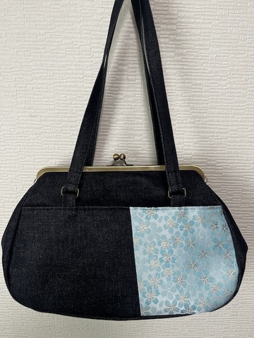 デニムのがま口バッグ　金蘭さくら　ブルー