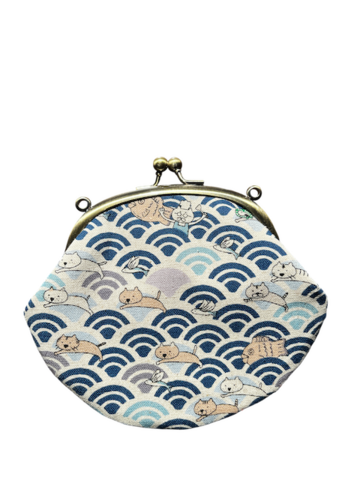 めっちゃがま口財布　　猫と鯛焼き　ネイビー