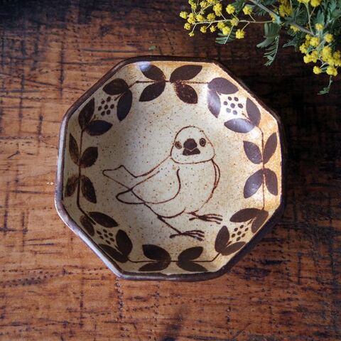 つぐみ製陶所 八角豆皿（白文鳥）
