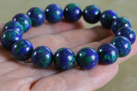 超激レア！高波動ロシア産アズライト＆マラカイト・ブレスレット12mm玉【最高品質・高波動・光沢・超激レア】