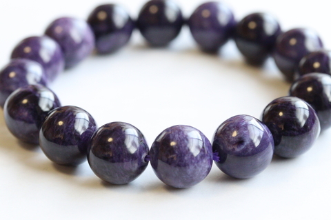 濃厚パープル13.5mm玉！ロシア産チャロアイト・ブレスレット【高品質・光沢・激レア】
