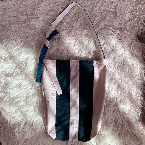 Stripe tote bag "Let's party wave!"（bluegrenn×babypink）
