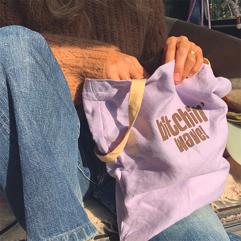 "Bitchin'' Wave!" Linen100% print tote bag(lavender)