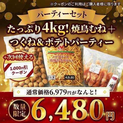 たっぷり4kg!焼鳥むね+つくね＆ポテトパーティーセット（ありたどり　熟成むね肉串20本・つくね1kg・メガクランチ（フライドポテト）4.5ポンド（2.04kg）・長崎の花藻塩焼塩100g）※次回使える1,000円クーポン付