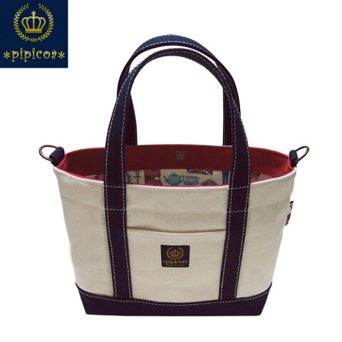 【＊pipicoa＊】２Way 帆布 キャンバス ハンドメイドトートバッグ S-２ ナチュラルベージュ×ダークネイビー（内生地ロンドンアイコン）