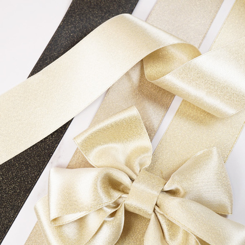 ゴールドメタリックラメ両面サテン　幅3.8cm/1m